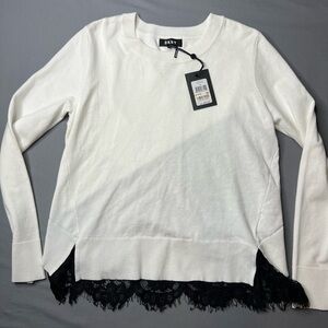 DKNY NWT White Crewneck Sweater with Black Lace Trim Small